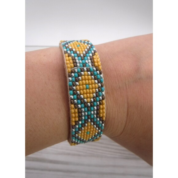 Loom Beaded Bracelet Teal & Brown on Leather - Picture 1 of 5